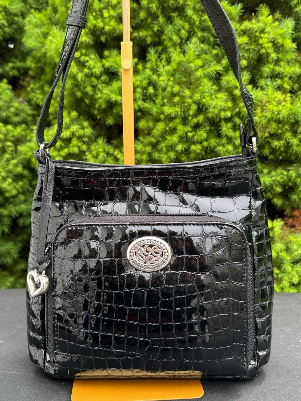 Brighton Black Croc-Embossed Patent Shoulder Bag with Front Pocket NWOT